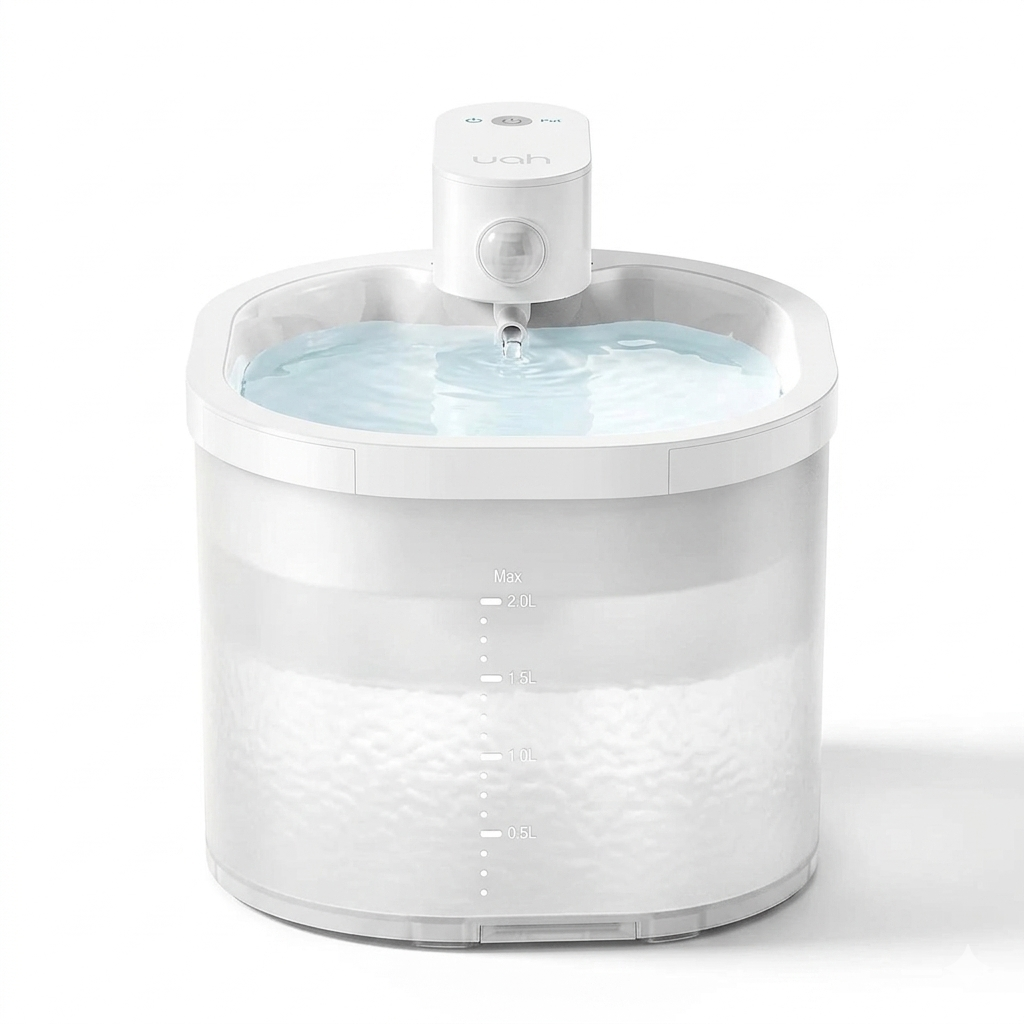 A 2L wireless cat water fountain with a sleek white design and clear water level markings. The motion-activated dispenser is shown in a clean, minimalist studio setting.