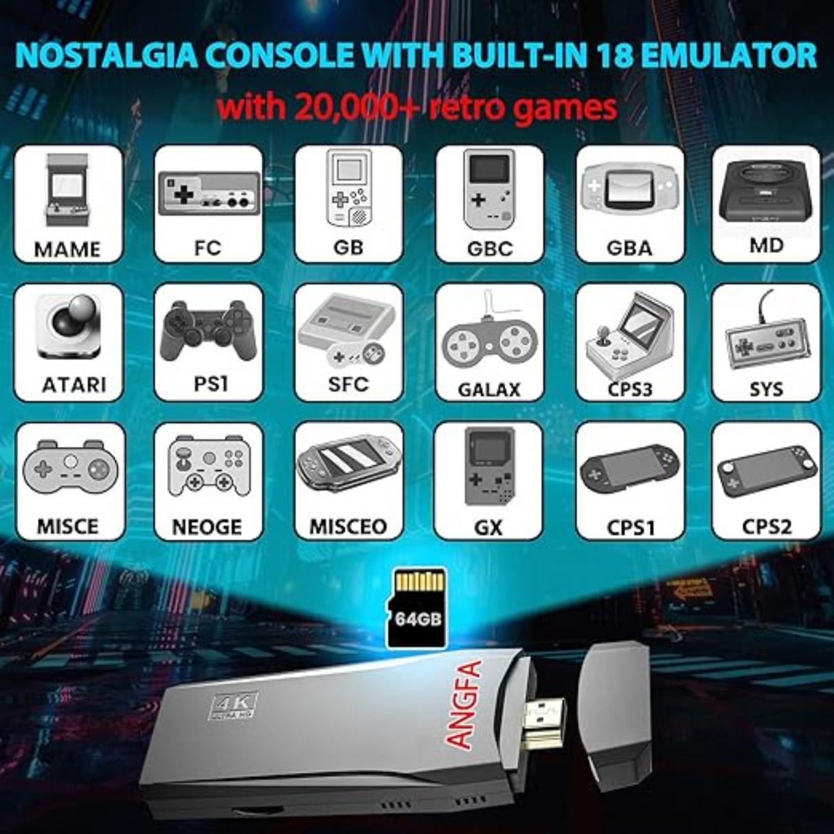 Wireless Retro Game Console Stick Built in 20000+ Games with 18 Emulators 64GB