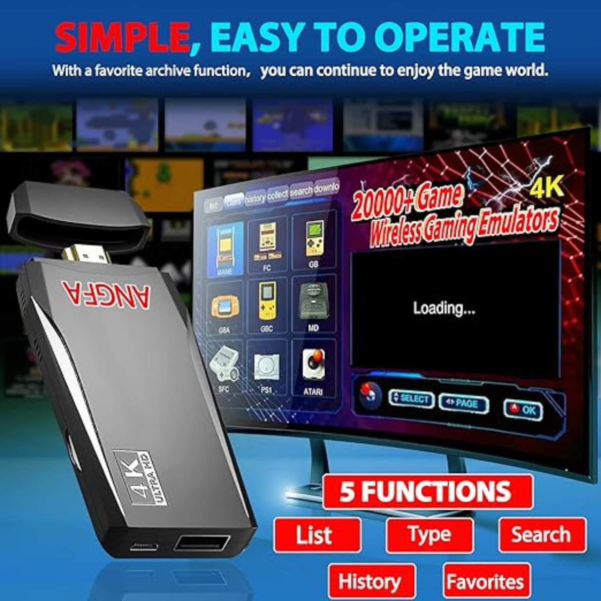 Wireless Retro Game Console Stick Built in 20000+ Games with 18 Emulators 64GB
