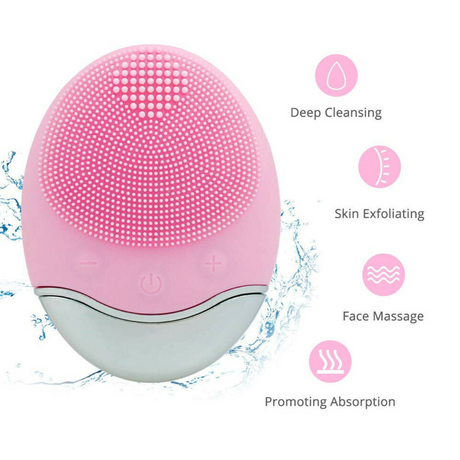 Wireless silicone facial cleansing brush highlighting deep cleansing and exfoliating functions. Icons show face massage and improved skincare absorption.