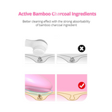Wireless silicone facial cleansing brush with bamboo charcoal feature illustration. Diagram shows improved pore cleaning and dirt removal.