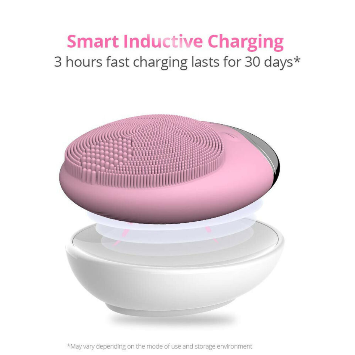 Wireless silicone facial cleansing brush on inductive charging base. Fast charging feature displayed with long-lasting battery use.