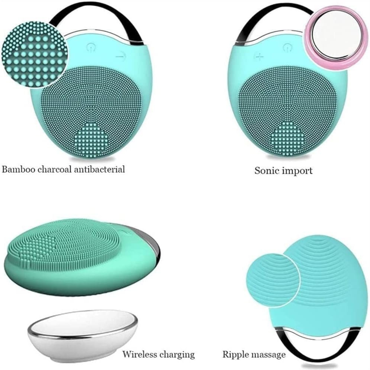 Wireless silicone facial cleansing brush displaying antibacterial, sonic, and massage functions. Multiple feature highlights including wireless charging and ripple massage.