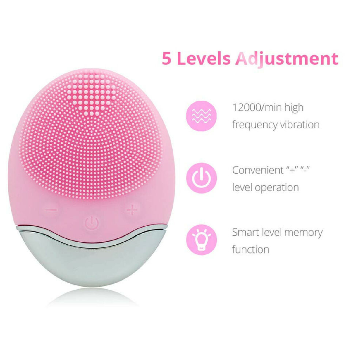 Wireless silicone facial cleansing brush showing 5 adjustable vibration levels. Buttons for easy control and memory function are visible.