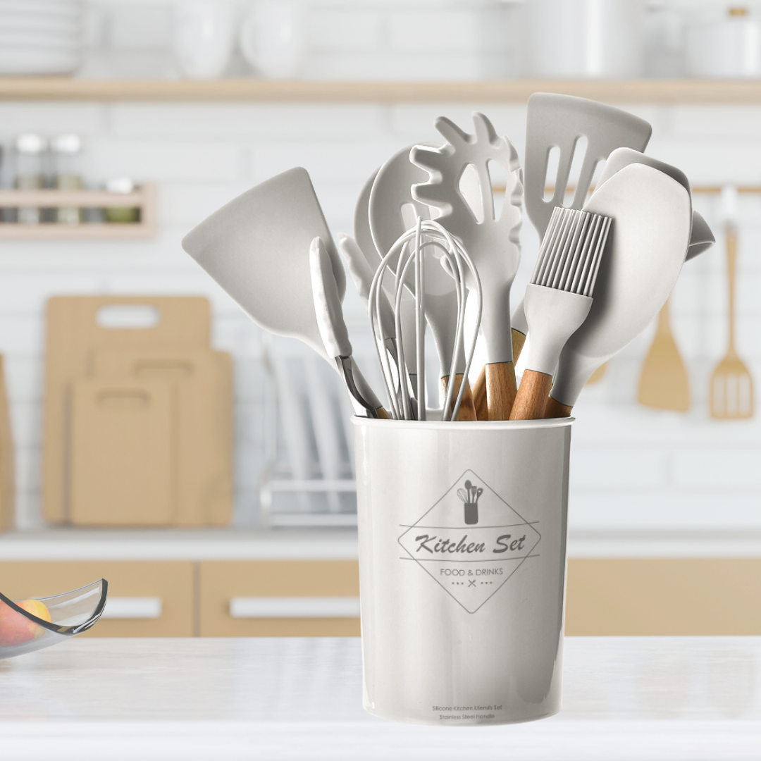 9pcs Silicone Kitchen Cooking Utensil Set Wooden Handle