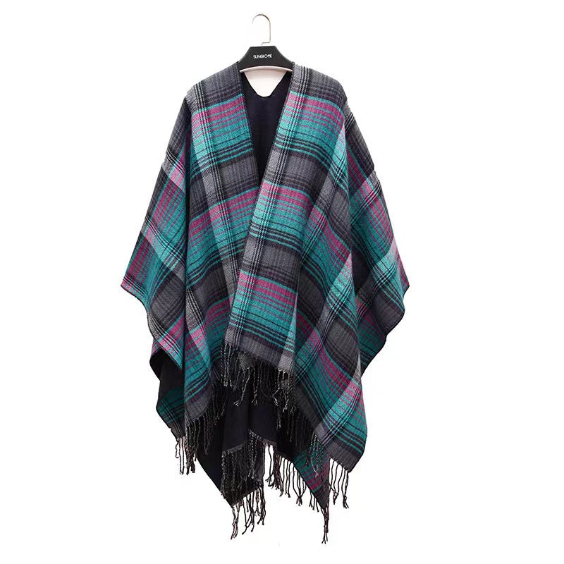 Winter Thick Oversized Poncho Wrap Plaid Stripped with Tassel for Women