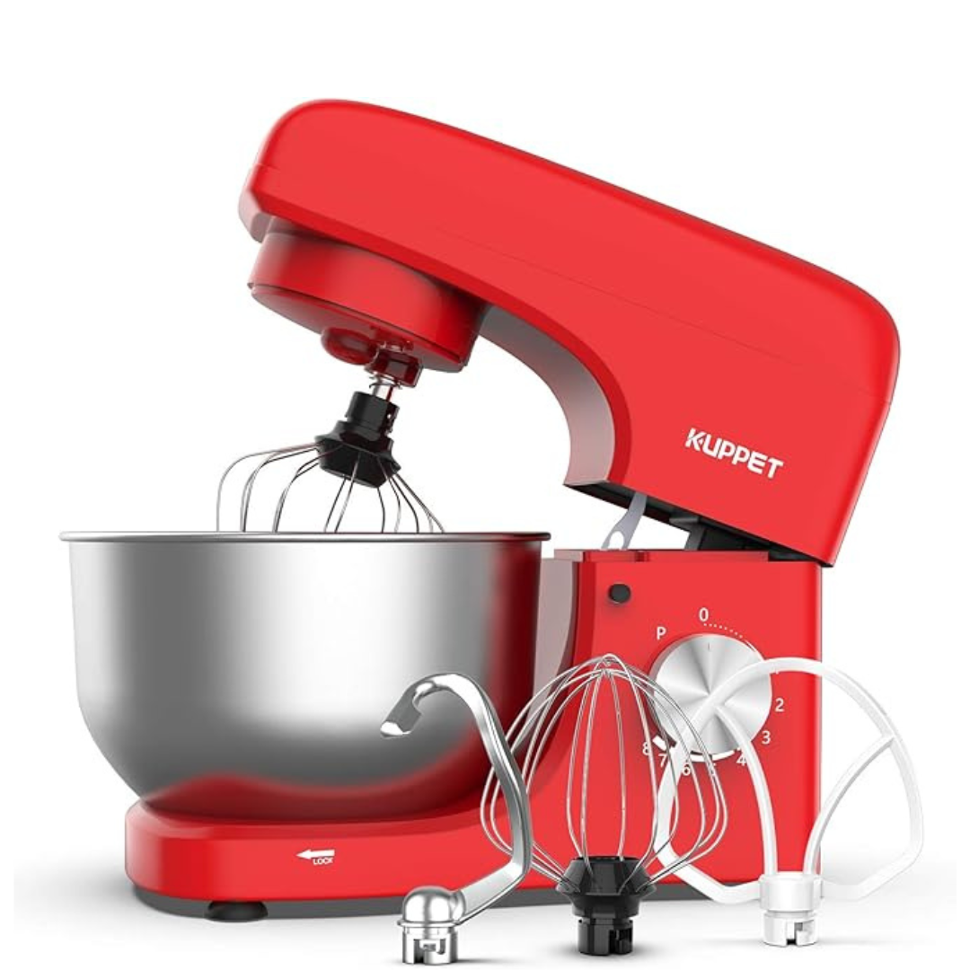 Kuppet 8-Speed Tilt-Head Electric Stand Mixer with Dough Hook, Whisk and Beater, Pouring Shield, 4.7L Stainless Steel Bowl (Red)