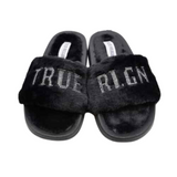 True Religion Alia Embellished Faux Fur Black Slide Sandals