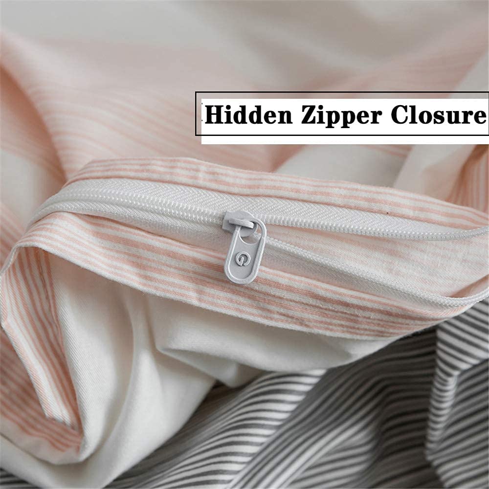 Duvet Cover Set, #74 Striped Modern Peach White Gray Color, 100% Cotton with Zipper Closure