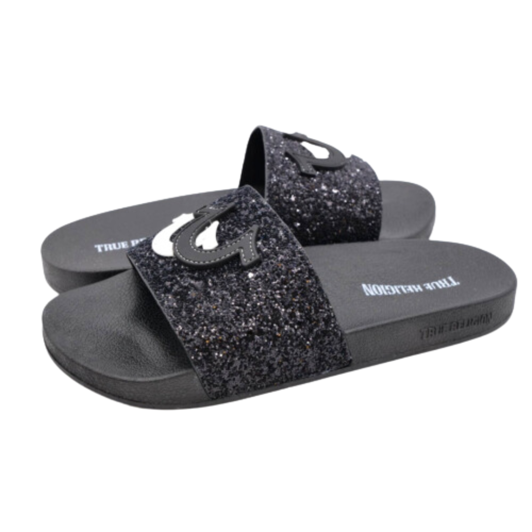 True Religion Keilani Black Sparkle Big Logo Slides Sandals