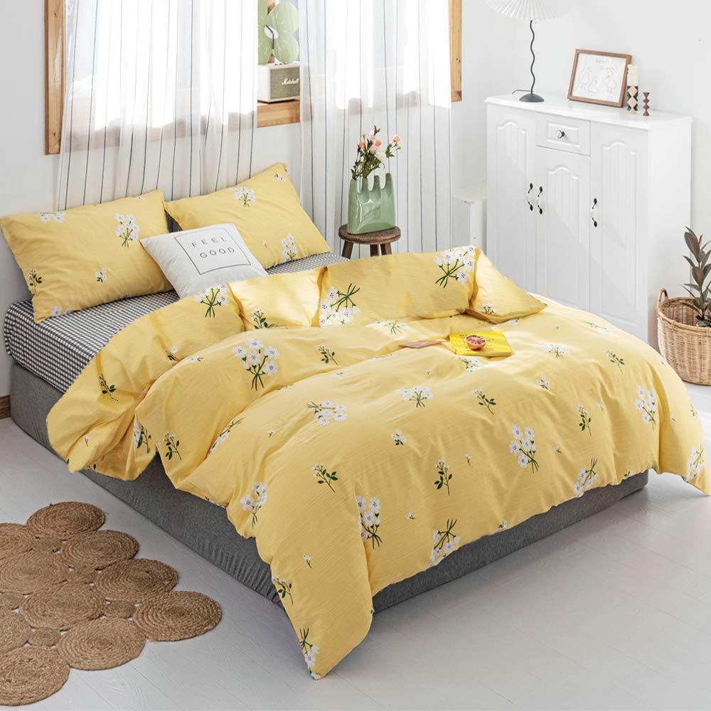Duvet Cover Set, #1 Flower Printed in Yellow, 100% Cotton with Zipper Closure