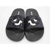 True Religion Keilani Black Sparkle Big Logo Slides Sandals